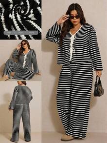 Elaquor Conjunto de 2 piezas de top de manga larga con cuello en V y estampado de rayas, y pantalones de pierna ancha, talla grande - Negro - Ver 7