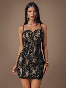 SHEIN BAE Váy liền thân ren đen, váy dự tiệc cocktail thanh lịch, phù hợp cho các buổi hẹn hò, hộp đêm, tụ tập, váy xếp lớp thu/đông, tiệc tùng, váy Halloween, váy Giáng sinh - màu đen - Xem 6