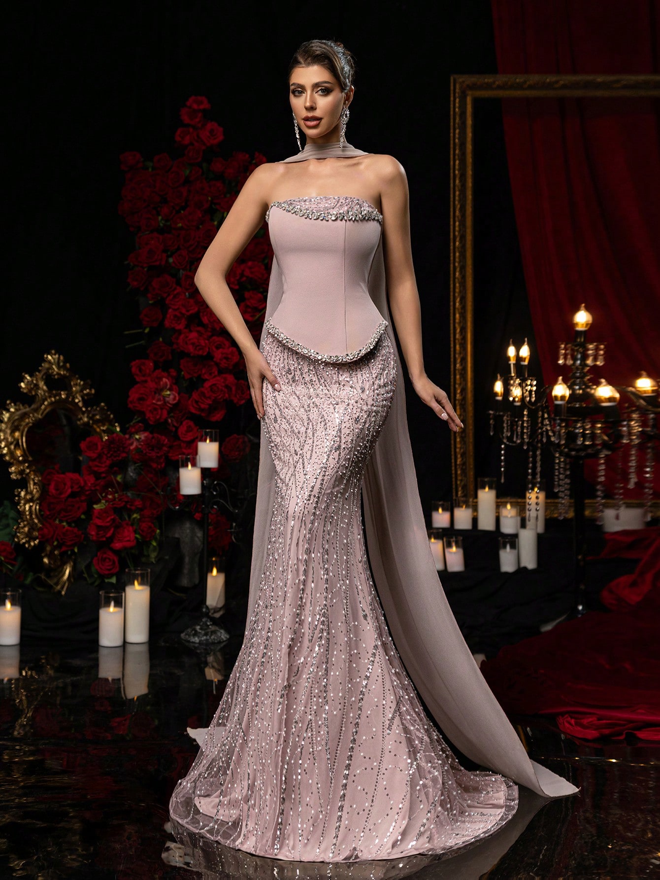 Glamrae تنورة مرمر مطرزة بالألماس واللؤلؤ والترتر...