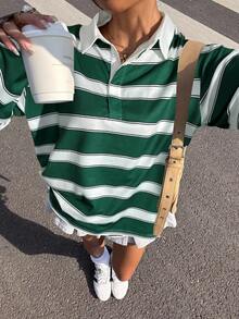 Muchica 2025新款简约秋冬女装休闲时尚别致通勤学院风撞色条纹印花polo领宽松长袖T恤春秋季外出上衣万圣节街头装 - 綠色 - 查看 5