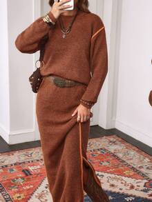 SHEIN LilyWest LanaWest Women Vintage & Fashionable Matching Knit Sweater And Skirt Set, Round Neck Pullover With Slit Hem Midi Skirt, Casual Western Style - Brown - View 4