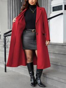Calvaya Plus Size Women's Solid Color Slit Button Long Overcoat, Autumn/Winter - Red - View 8