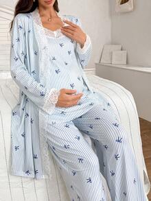 Moonlight&Mama 3pcs Striped Bow Print Contrast Lace Maternity Pajama Set, Winter
