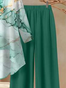 Rusticease 2 件套女士休闲宽松大理石波纹图案全印花圆领长袖上衣和裤子套装，夏季服装 - 彩色 - 查看 4