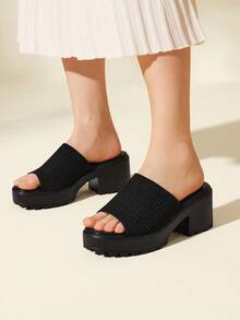 CUCCOO BASICS Women's Fashionable Black Fabric Upper Casual Sandals With Thick Platform And Chunky Heel Spring Shoes Spring Break Easter For Christmas - Black - View 6