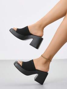 CUCCOO BASICS 女士露趾粗跟防水厚底休闲夏季透气性感高跟穆勒凉鞋，黑色 - 黑色 - 查看 6