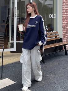 DAZY Women's Thermal-Lined Korean Style English Letter Long Sleeve Sweatshirt, Autumn/Winter