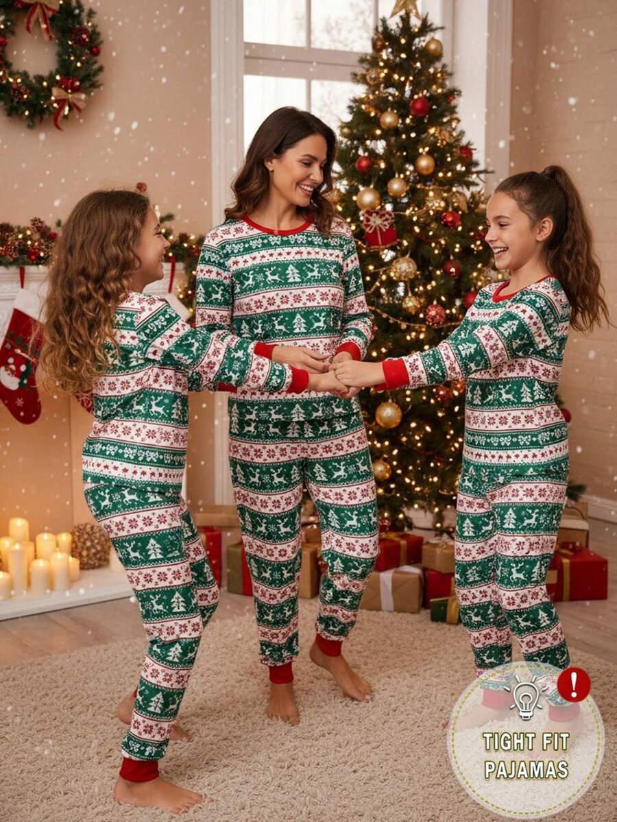 Tween Girls Christmas Pajama Set,Cute Pixel Heart & Deer Allover Print Snug Fit Long Sleeve Top And Pants,Matching Family Red And White Gingham Autumn - Green - View 1
