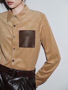 SHEIN LUNE Women's Fashion Corduroy Patchwork Leather Pocket Shirt - Khaki - View 7