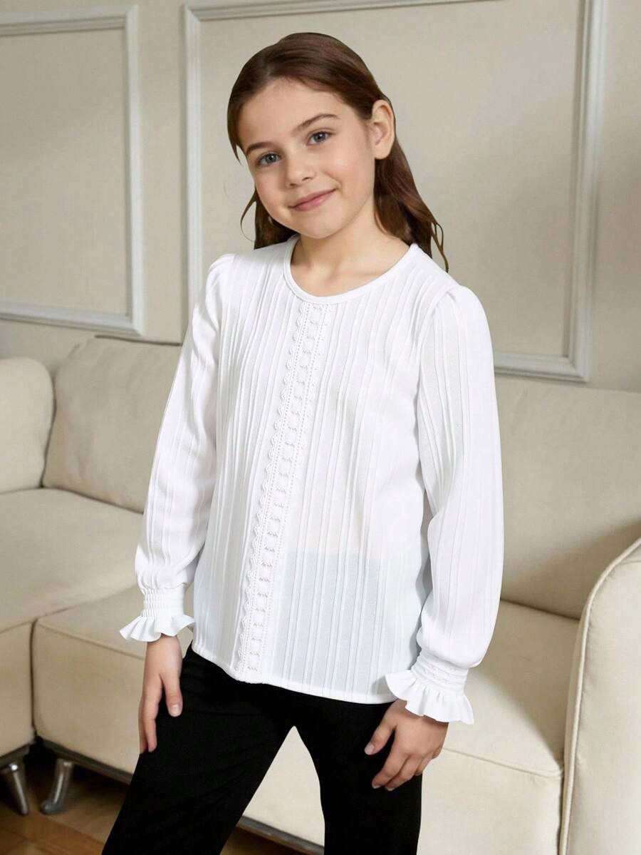 Tween Girls' Solid White Pullover Tops With Vertical Texture, Fall Tops, Fall, Ruffled Sleeves-Casual Fashion Clothing - White - View 1