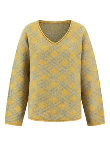 Louniche Women's Casual College Style Loose Fit V-Neck Raglan Sleeve Plaid Pattern Sweater, Autumn/Winter