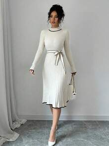 Rafferiza Elegancka, dopasowana sukienka z dzianiny, odpowiednia do dojazdów do pracy, spotkań towarzyskich, imprez, podróży, kempingu i aktywności na świeżym powietrzu. Sweter z dzianiny. Ubrania na jesień i zimę dla kobiet. - Morela - Zobacz 3