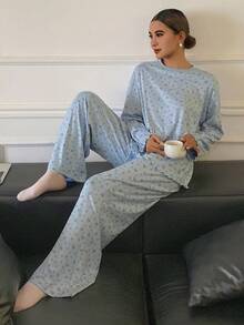 DAZY Ditsy Floral 宽松舒适女士睡衣套装 - 淺藍色 - 查看 5