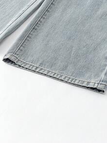 SHEIN Explorewe Teen Girls' Flared Jeans With Cross Print And Distressed Wash, Fashionable Loose Fit Denim Pants For Spring, Summer, Autumn And Winter - Medium Wash - View 8