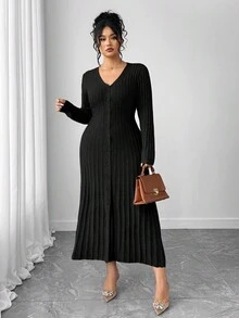 SHEIN Elenzya 1 chiếc váy len dài tay cổ chữ V viền loe thanh lịch cỡ lớn cho nữ - màu đen - Xem 4
