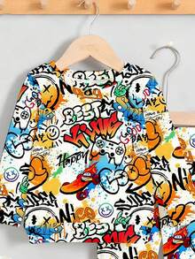 2pcs/Set Young Boy Crew Neck Sweatshirt + Matching Fleece Pants Set, Autumn/Winter - Khaki - View 7