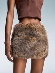 GENKIRA 人造毛皮豹纹性感迷你裙，百搭朋克摇滚风格 - 咖啡棕 - 查看 4