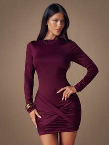 SHEIN BAE 秋冬女士性感褶饰紧身迷你连衣裙、酒红色鸡尾酒会礼服、性感派对礼服 - 酒紅色 - 查看 4