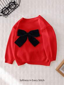 Cozy Pixies Baby Girl Colorblock Bow Decor Round Neck Drop Shoulder Pullover Sweater, Casual & Versatile For Autumn/Winter - Red - View 8