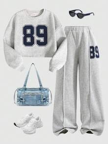 SHEIN Tween Girls Casual Basic Loose Short Crew Neck Drop Shoulder 89 Number & Letter Print Long Sleeve Pullover Sweatshirt And Matching Pleated Wide Leg Straight Sweatpants Set, Light Gray Outfit Set 90s Clothes Outfit Set 89 Outfit With Number 89 - Light Grey - View 1