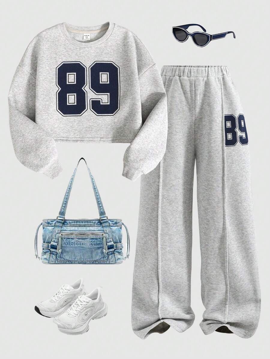 SHEIN Tween Girls Casual Basic Loose Short Crew Neck Drop Shoulder 89 Number & Letter Print Long Sleeve Pullover Sweatshirt And Matching Pleated Wide Leg Straight Sweatpants Set, Light Gray Outfit Set 90s Clothes Outfit Set 89 Outfit With Number 89 - Light Grey - View 1
