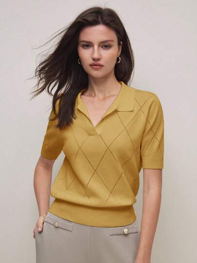 BizChic Polo Collar Diamond Knit Sweater Top, Chic And Elegant For Urban Commute, Daily Wear, Romantic 90s Retro, Suitable For Christmas, New Year, Valentine's Day, Party, Beach, Graduation, Versatile And Minimalist, Appropriate For Wedding Guest, Host, Date, Party, Concert, Brunch, Airport, Vacation