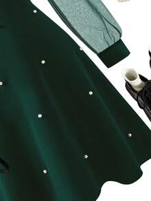 1pc Girls Wednesday Collared Mesh Patchwork Long Sleeve Dress,Dark Green,Autumn,Elegant,School,Back-To-School Gothic Style With Pearl Decor,Christmas - Dark Green - View 3
