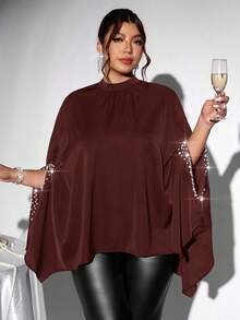 Firerie Mandarin Collar Poncho-Style Loose Batwing Sleeve Blouse With Pearl & Sequin Trim, Elegant Plus Size Women's Shirt For Valentine's Day, Concerts, Performances, Dates, Formal Occasions, Commuting, Back To School, Romantic, Office Wear, Mermaid Style, Birthday Party Cape Top Fall Clothes Plus Size Poncho Top Plus Size Women Clothes Plus Size Top Plus Size Fall Clothes - Rust Brown - View 3