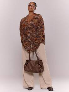 MUSERA Plus Textured Knit Button Up V Neck Cardigan Everyday Cute  Festive, Holidays, Party, - Brown - View 4