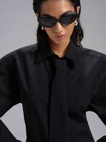 LYSMO 2025 新款简约黑色超大垫肩领长袖系带衬衫，适合女士日常穿着、通勤、办公室着装、实用风格、都市时尚 - 黑色 - 查看 6