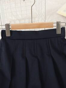 SHEIN Tween 女童纯色海军蓝简约百褶休闲长裙 - 藏蓝色 - 查看 5