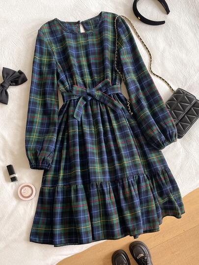 Robe à manches lanternes imprimée, style collégial décontracté pour tous les jours et les trajets, avec ceinture. Printemps/Automne