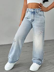 Sparklyn Tween Girls' Light Blue Pocket Distressed Wide Leg Jeans, Versatile Casual Pants For Daily Wear With Crop Tops Or Other Outfits - Light Wash - View 6