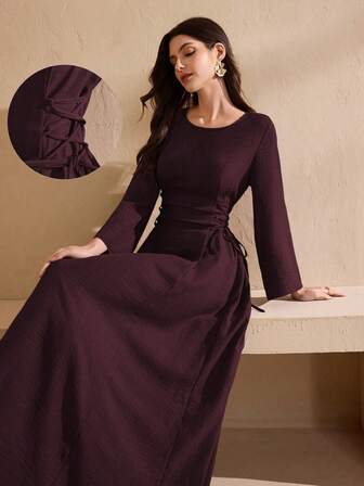 Graceveil Spring/Autumn Simple Solid Color Round Neck Drawstring Tie Maxi Arabian Dress