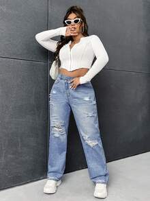 SHEIN ICON Plus Size Casual Washed Distressed Asymmetric Waist Jeans - Medium Wash - View 5