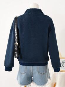 Sweetra Young Tween Girl Cross Embroidery Zipper Half-Zip Raglan Long Sleeve Casual Sweatshirt, Autumn/Winter - Navy Blue - View 2