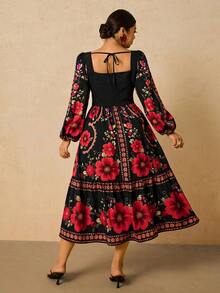 Travachic Váy dự tiệc tay dài họa tiết hoa Bohemian lãng mạn cỡ lớn phối ren chắp vá cho nữ, mùa thu/đông - màu đen - Xem 2