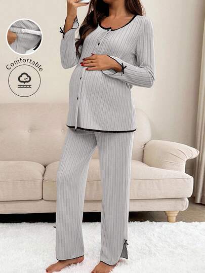 SHEIN 2pcs Maternity Contrast Trim Button Front Top And Pants Set Sleep Wear Women 2 Piece Lounge Sets Woman Maternity Clothes Two Piece Suits Pajama Sets For Women Suit Sets For Women