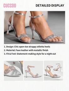 CUCCOO SZL Pointed Toe Stiletto Sandals, Fashion Rhinestone Embellished Closed Toe Versatile High Heel Sandals - Silver - View 12