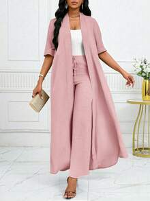 SHEIN Lady 女士优雅休闲通勤度假简约纯色长款开衫外套搭配宽松直筒裤两件套四季皆宜 - 藕粉色 - 查看 5