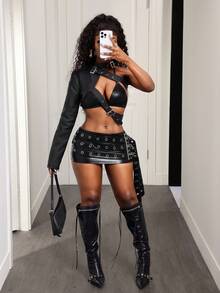 BamGleam 女士夹克新款美式时尚金属扣不对称肩部皮革外套