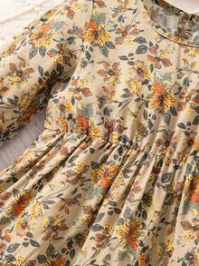 Emery Rose Kids Emery Rose Kids 女嬰復古花卉拼接度假風荷葉邊梭織洋裝，寬鬆版型荷葉袖，可愛休閒日常秋季長版娃娃裙波希米亞風 - 彩色 - 查看 9