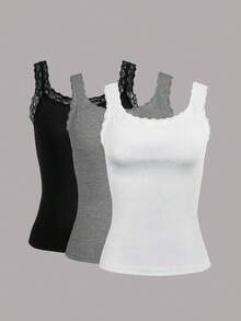 Calvaya Plus Size Women Solid Color Contrast Lace Round Neck Casual Tank Top For Summer - Multicolor - View 1