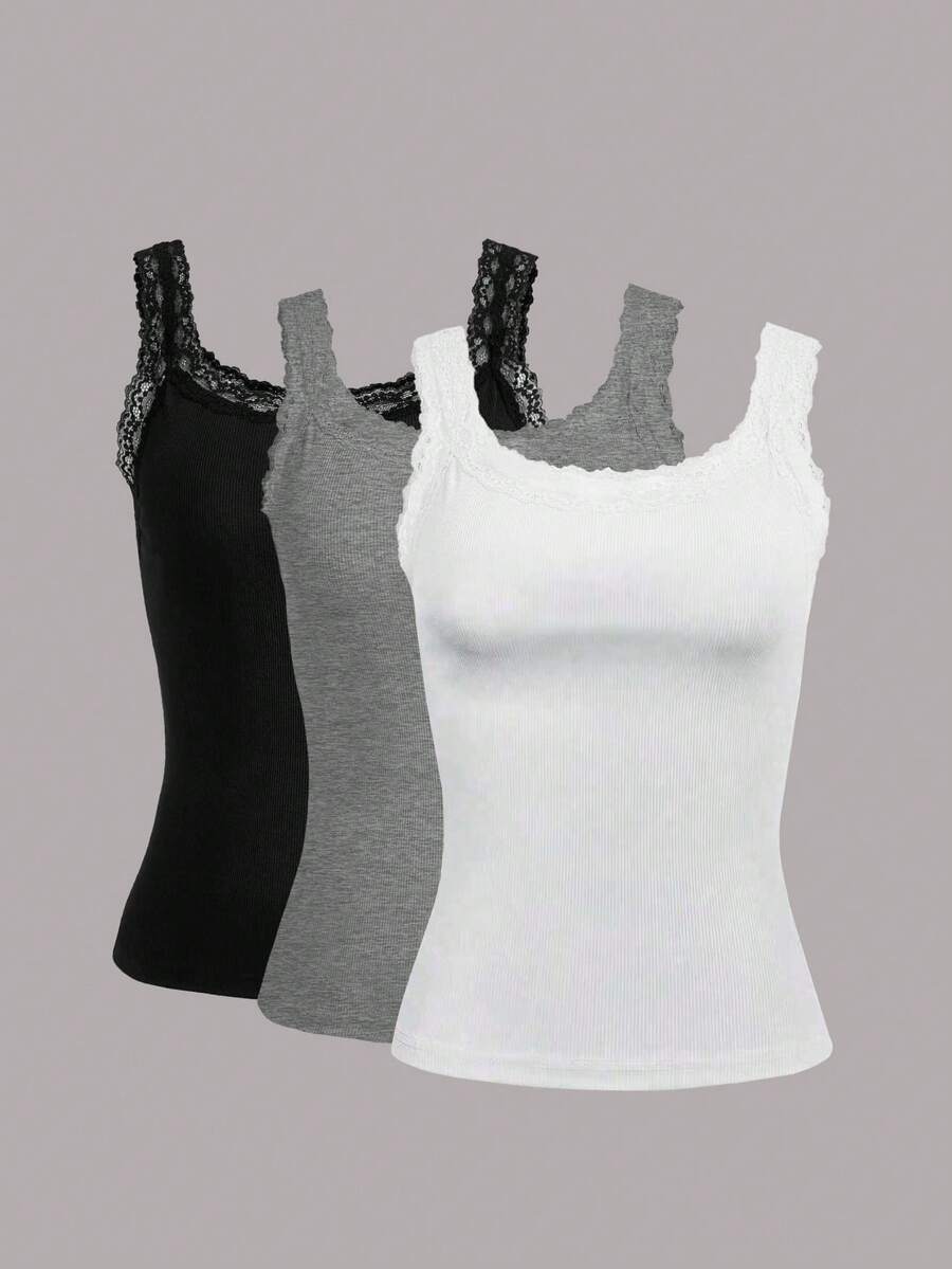 Calvaya Plus Size Women Solid Color Contrast Lace Round Neck Casual Tank Top For Summer - Multicolor - View 1