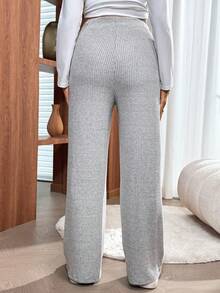 SHEIN Maternity Solid Color High Waist Drawstring Straight Loose Ribbed Pants Knit Pants Wide Leg Sweatpants Casual Pants For Women Flared Sweatpants - Grey - View 2