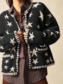 Bohemela 波西米亚风春/冬外套，女士休闲复古星形提花双口袋多功能长袖开襟羊毛衫，西部乡村风格，适合海滩度假、日常穿着、返校、外出、派对、新年、情人节、2000年代复古风、Y2K夏季假期、海滩 - 黑與白 - 查看 9