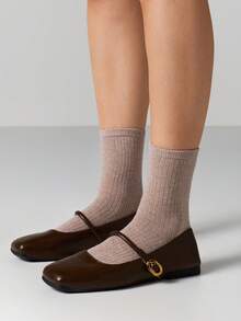 MISSGUIDED Ribbed Crew Socks With Mary Jane Flat Ballet Shoes Buckle Closure Round Toe - Brown - View 2