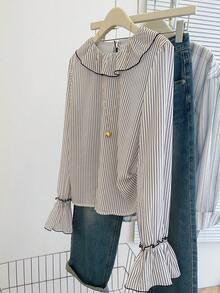 Resyla Blusa de manga larga holgada con volantes y rayas para mujer - Multicolor - Ver 1