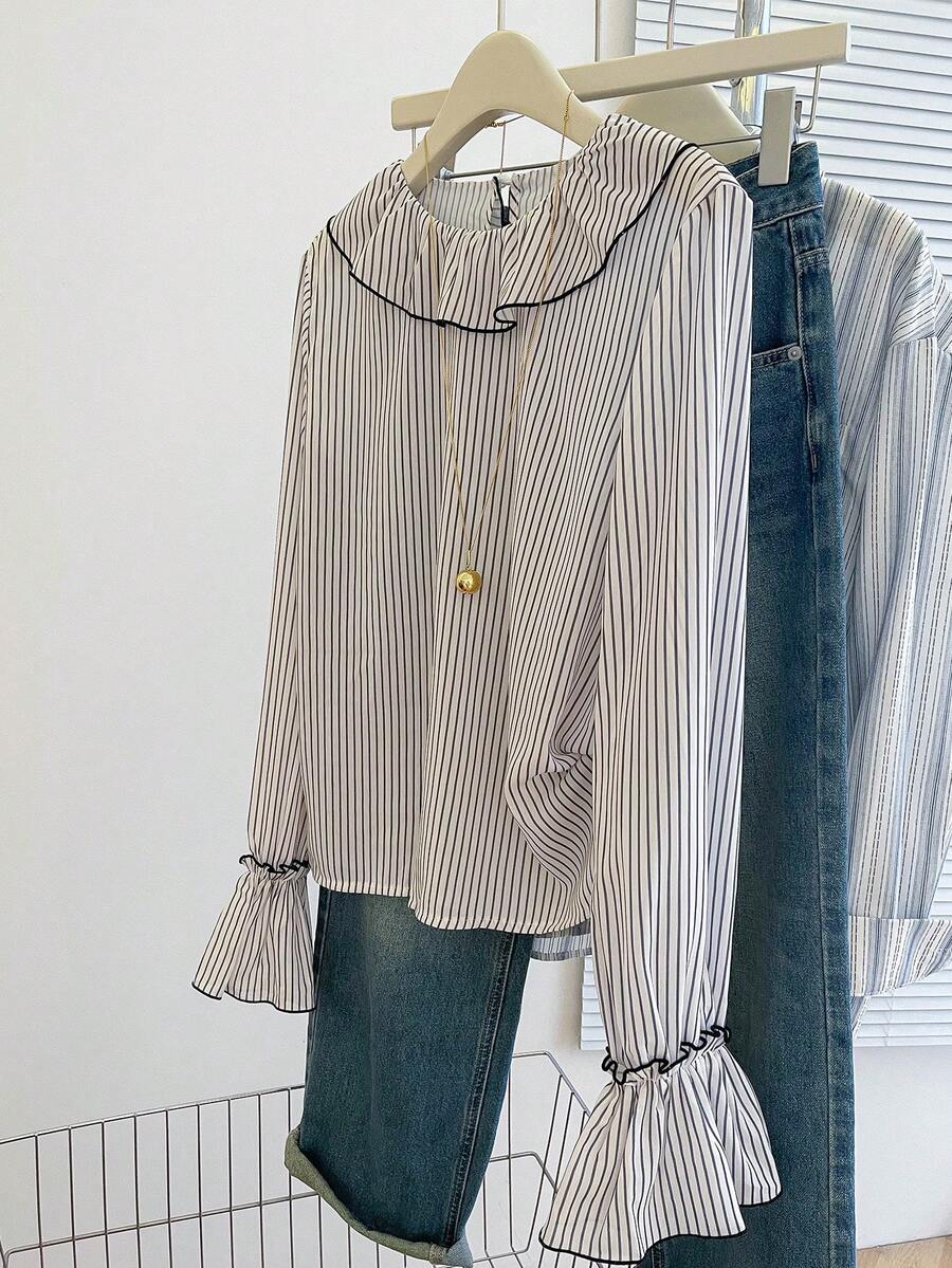 Resyla Blusa de manga larga holgada con volantes y rayas para mujer - Multicolor - Ver 1