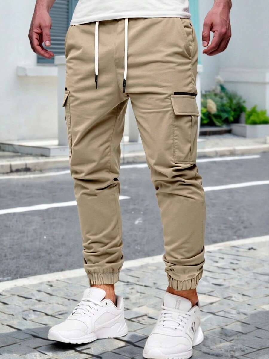 Manfinity Homme 男士成熟街头松紧腰抽绳工装裤 - 卡其色 - 查看 1